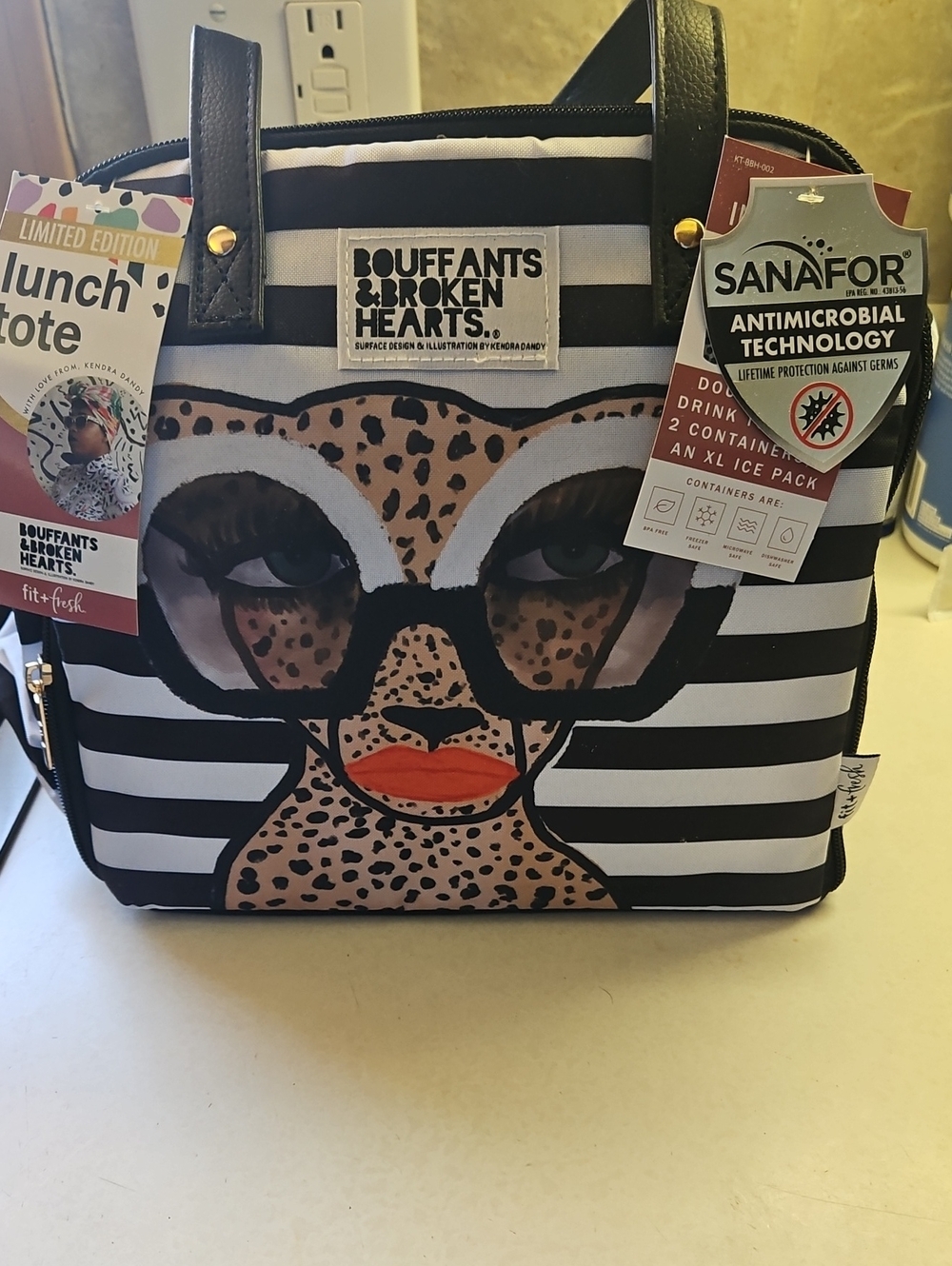 Bouffants & Broken Hearts Black & White Striped Lunch Tote with Leopard Graphic